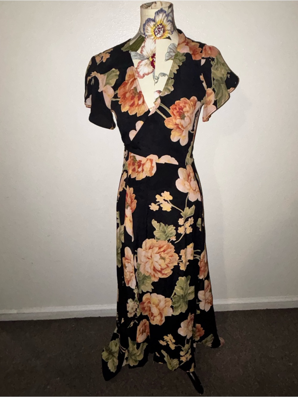 Christy Dawn Black Maxi Dress with Peach and Green Floral Print